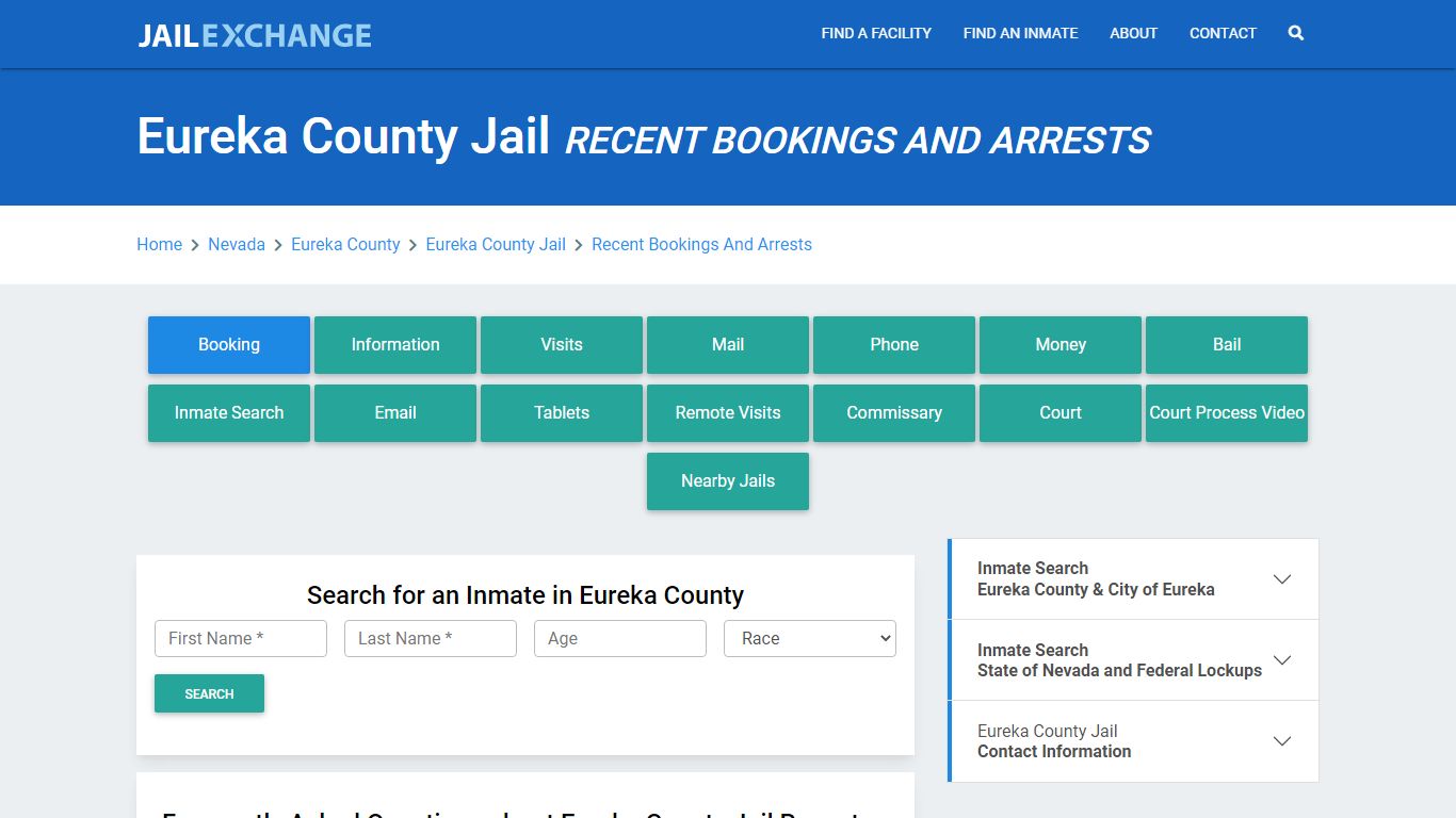 Eureka County Jail Recent Bookings And Arrests - Jail Exchange